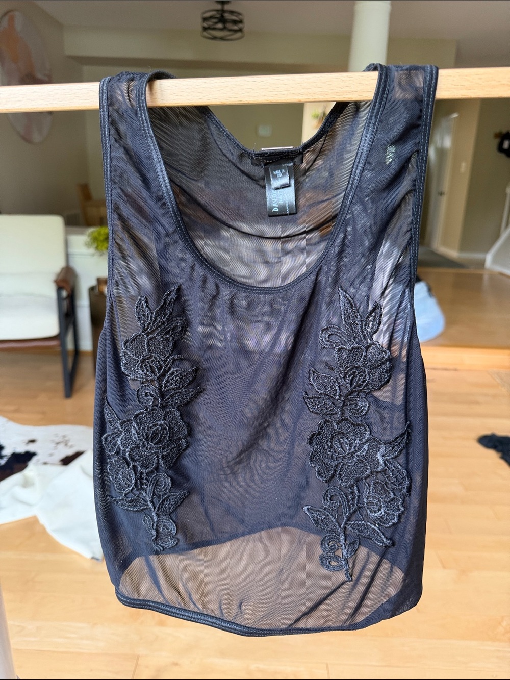 Sheer Floral Appliqué Bandeau Tank - Black